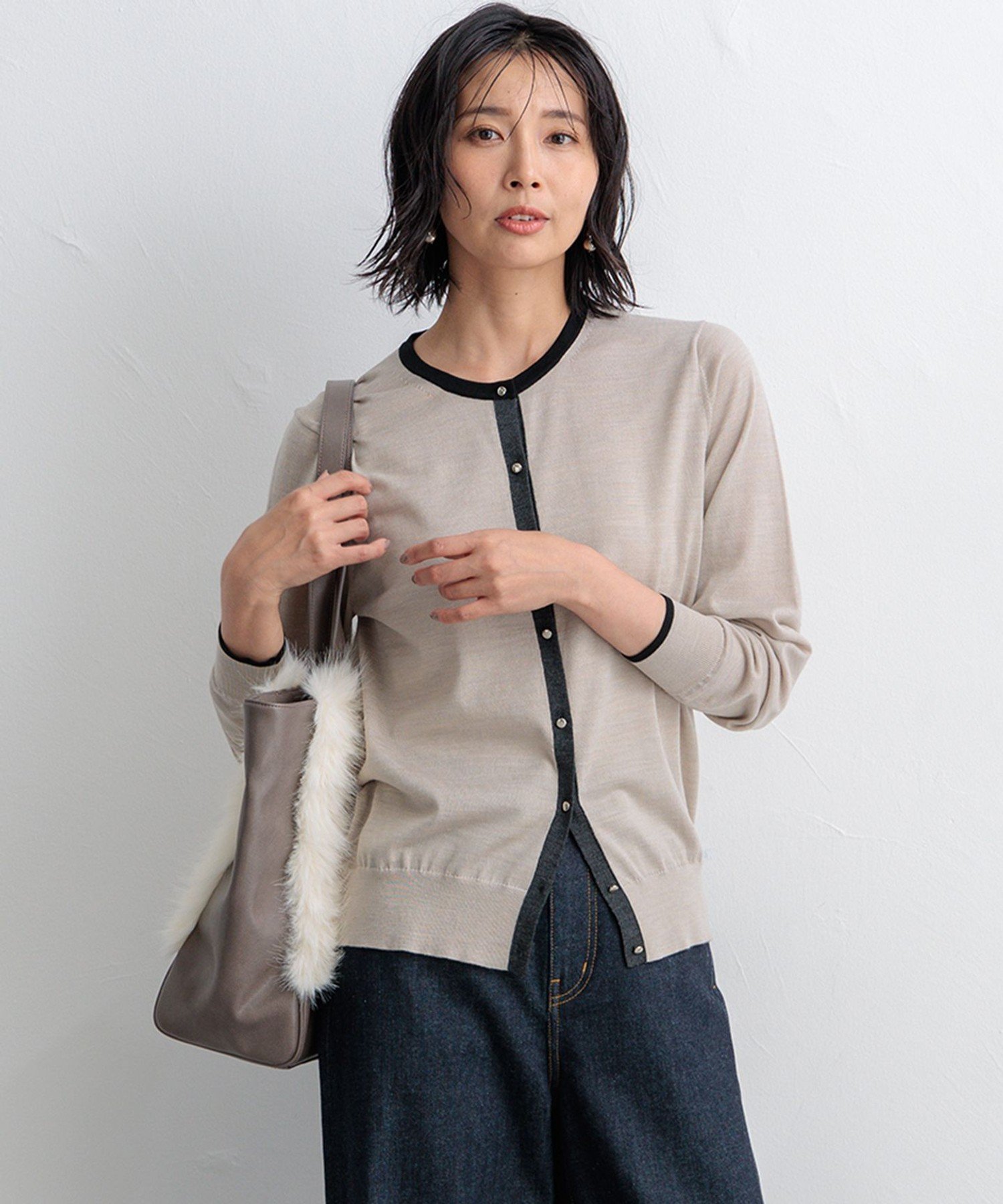 23区｜【洗える】サステナブルウール バイカラー カーディガン