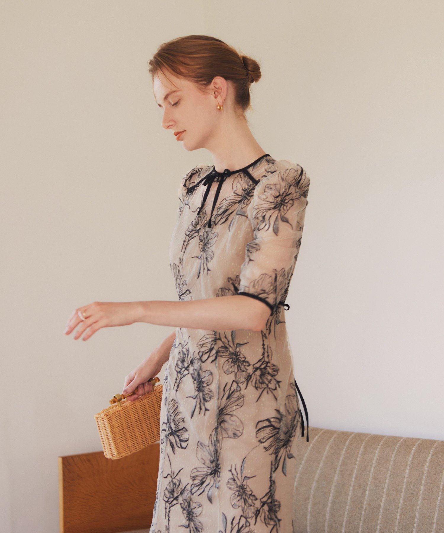 Leja｜LEJA-花柄フロントバックリボンパフスリーブマーメイドロング