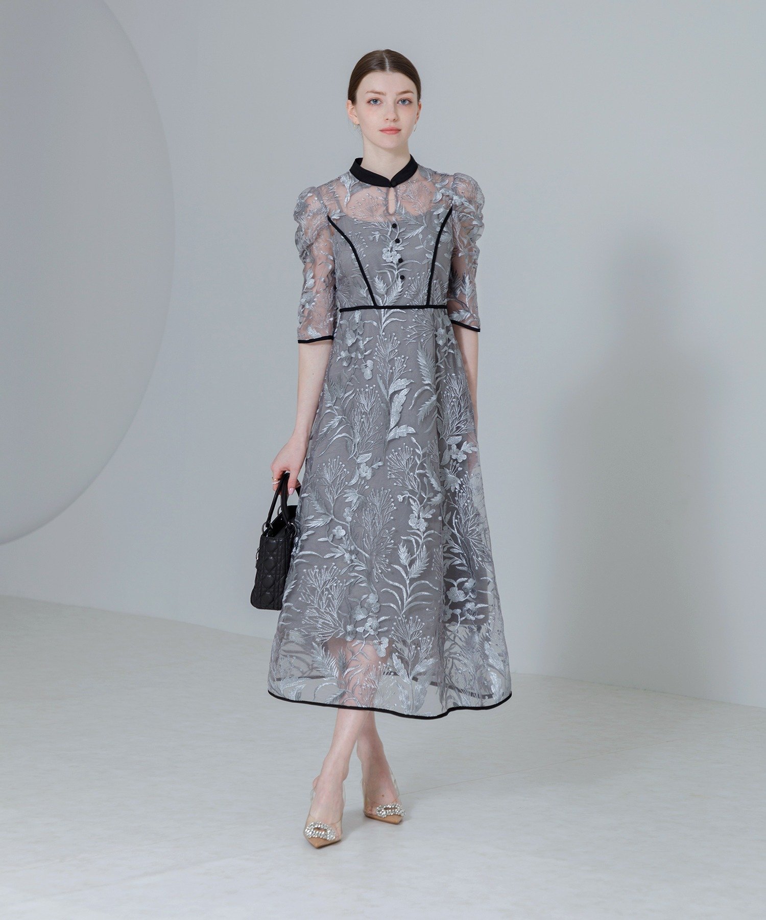 Leja｜LEJA-花柄刺繍レースチュールパフスリーブAラインワンピース