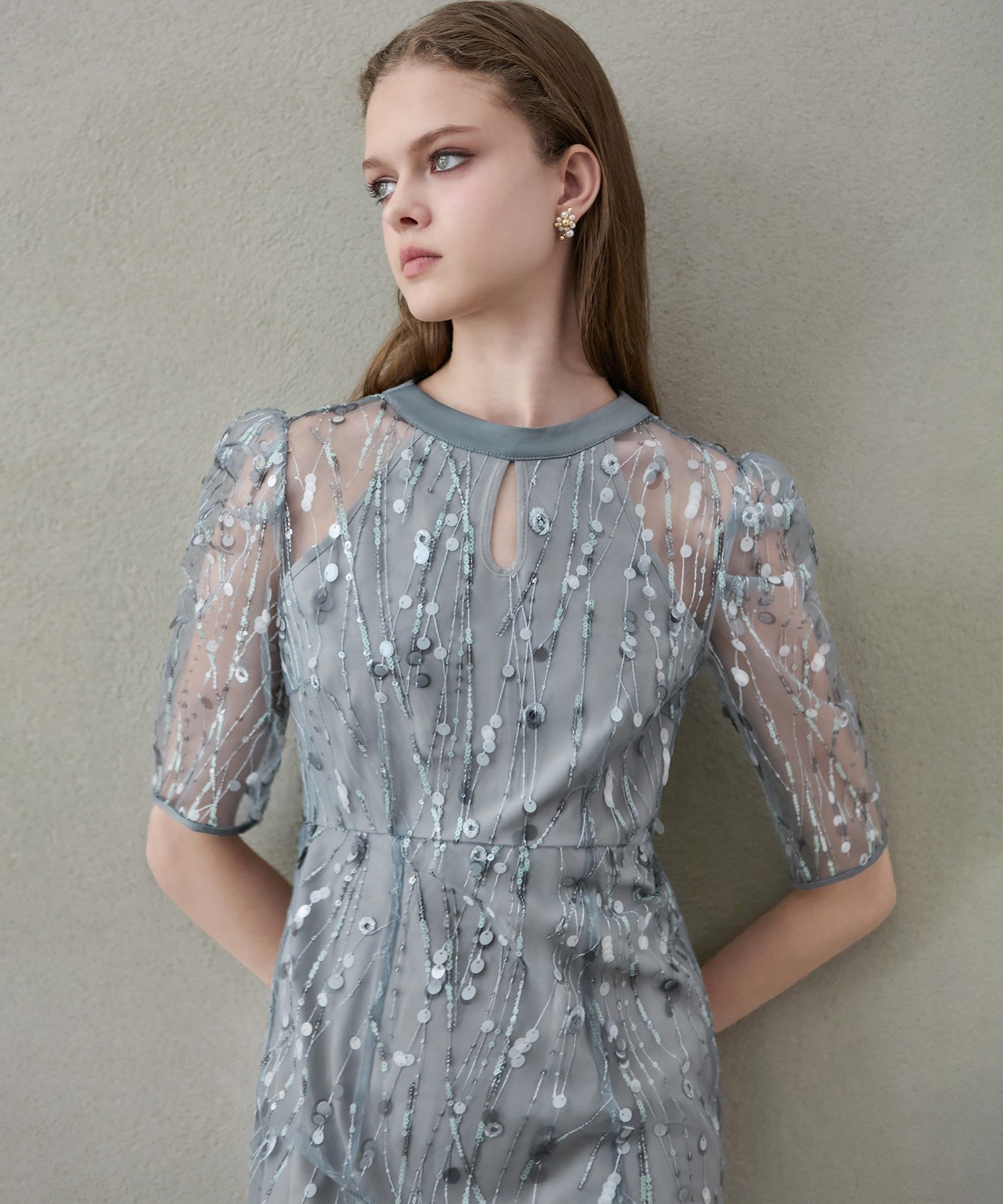 Leja｜Leja-スパンコールチュールオープンマーメイドワンピースドレス