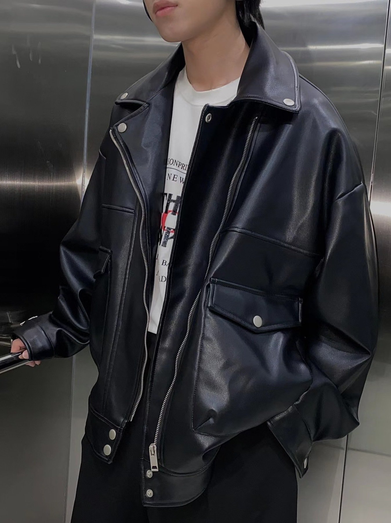 chuclla｜オーバサイズビッグポケットPUレザーライダースジャケット