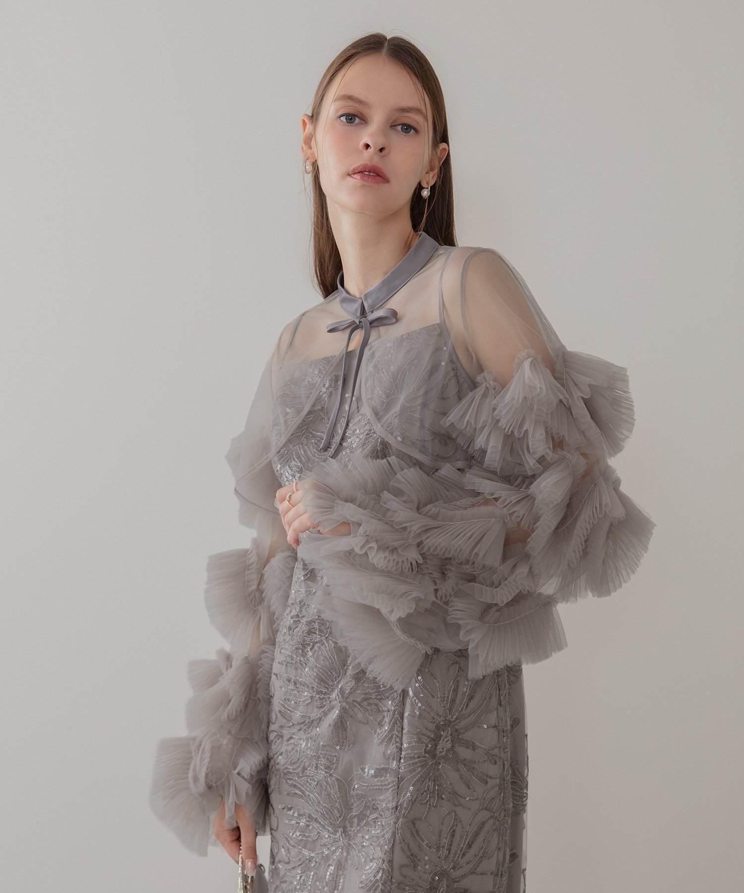 Leja｜Leja-フリルチュールスリーブリボンIラインワンピースドレス結婚