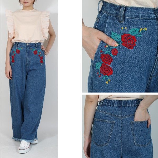 楽天市場】ハイウエストパンツ ワイドパンツ デニム 刺繍 花柄