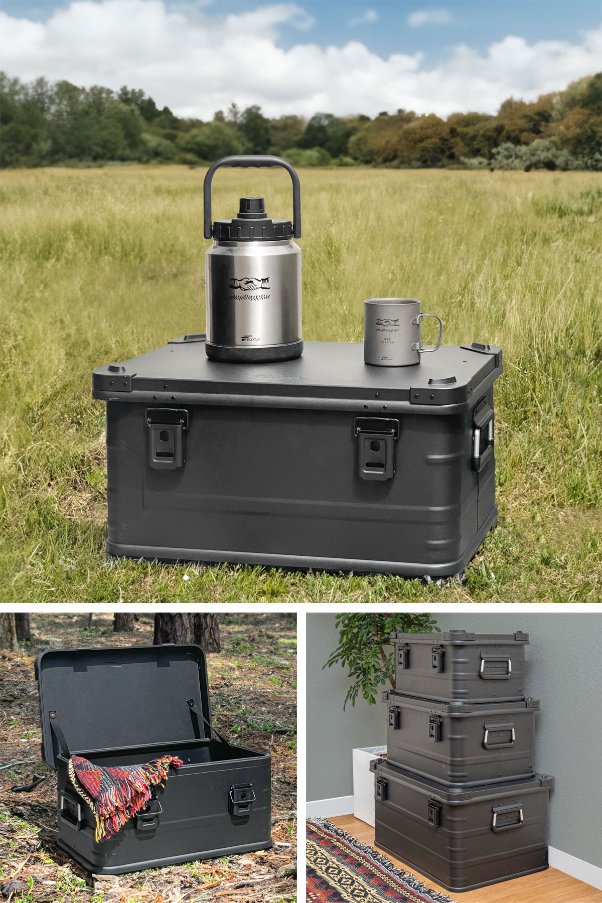 楽天市場】FIELDOOR アルミ コンテナボックス 蓋付き マットブラック S