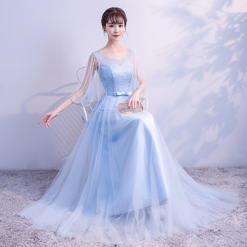 楽天市場】カラードレス ロングドレス ブルー 青 ビーズスリーブ