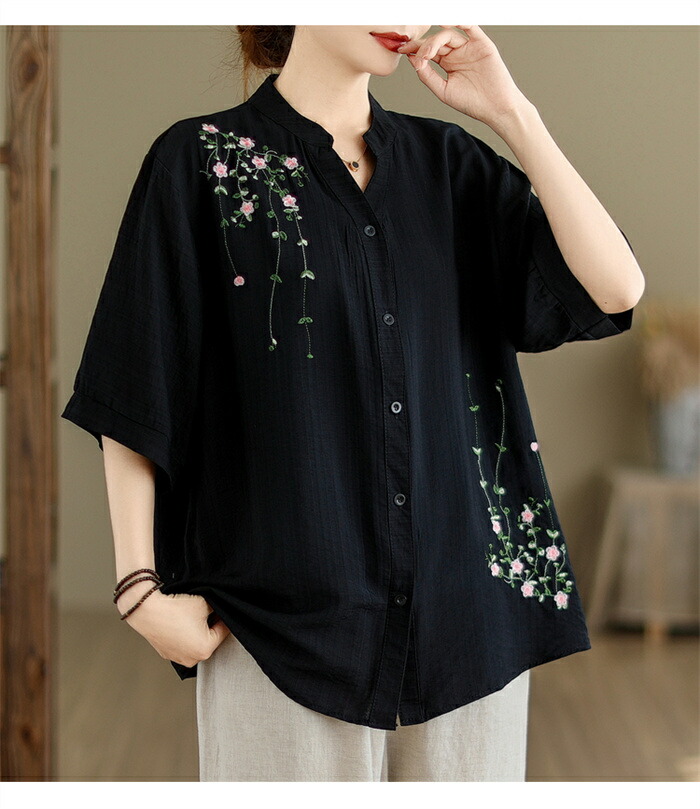 楽天市場】半袖シャツ 刺繍シャツ レディース 花柄 夏 ブラウス シャツ