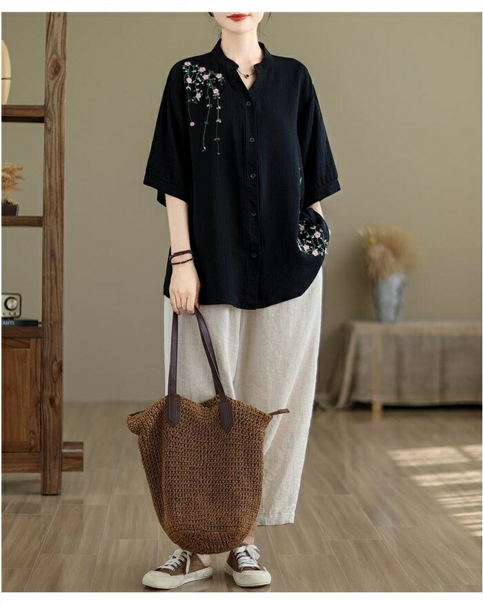 楽天市場】半袖シャツ 刺繍シャツ レディース 花柄 夏 ブラウス シャツ