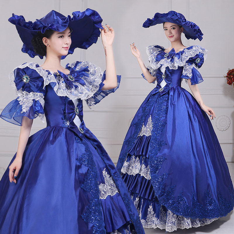 楽天市場】中世風ドレス 水色 ステージ衣装 帽子付き ヨーロッパ宮廷風