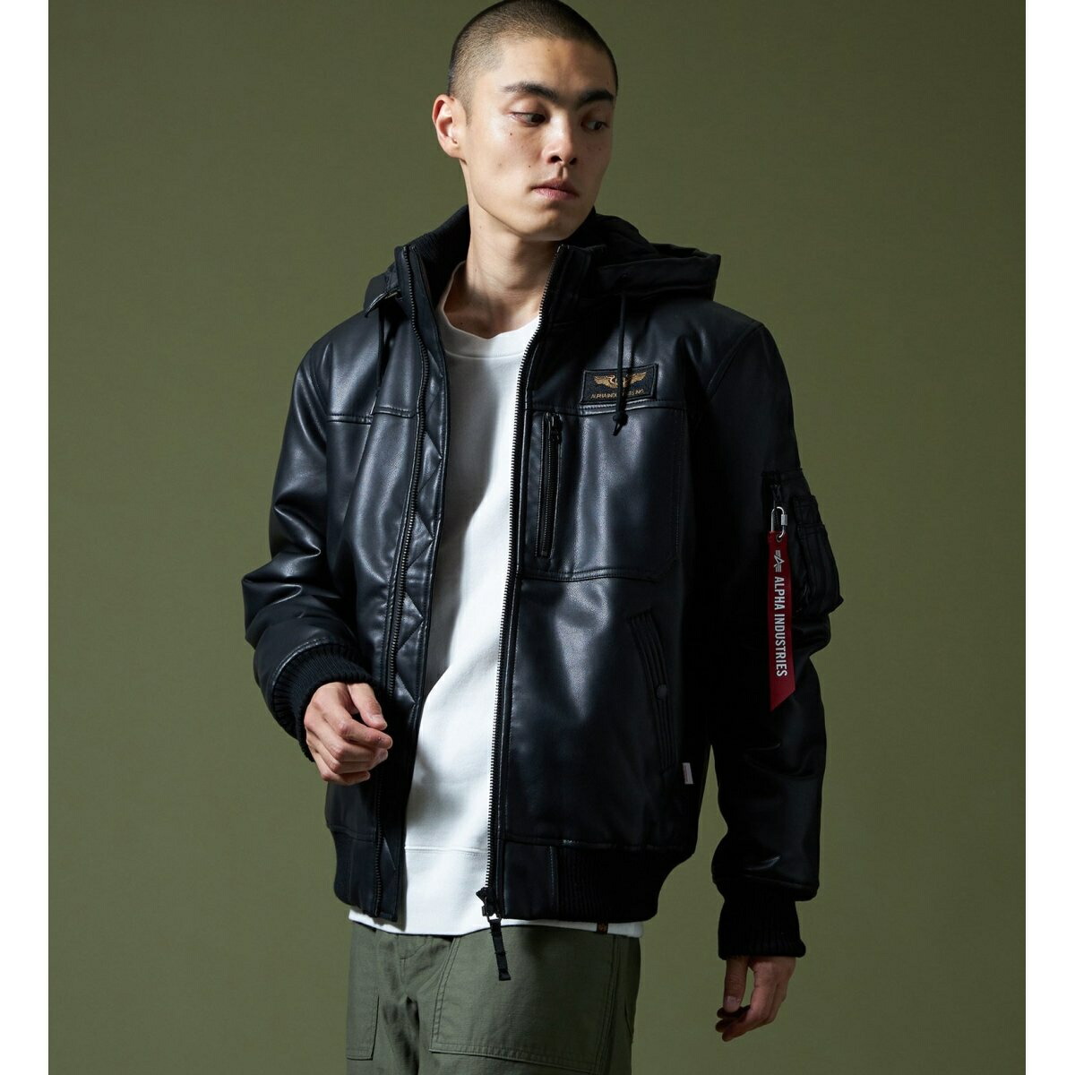 楽天市場】フェイクレザー フーデッドリブジャケット／アルファ
