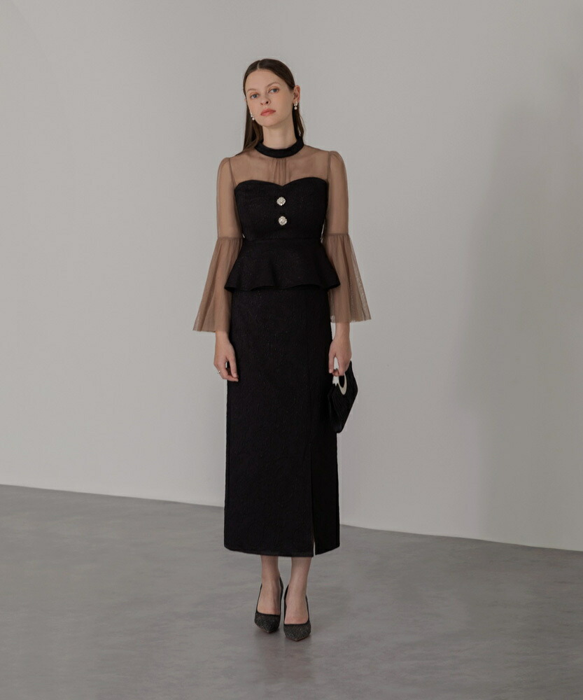 楽天市場】スパンコール刺繍ビジューボタンフレアスリーブセットアップ