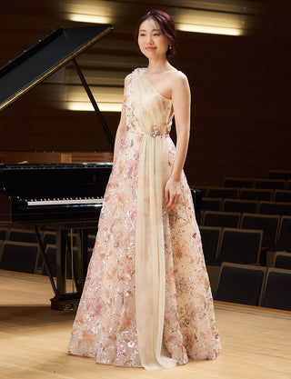 アイボリー ワンショルダー ロングドレス 刺繍 チュール フラワー