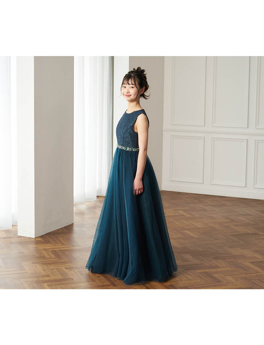 レース×チュール ジュニアロングドレス ダークグリーン・TWJ9505-DGN