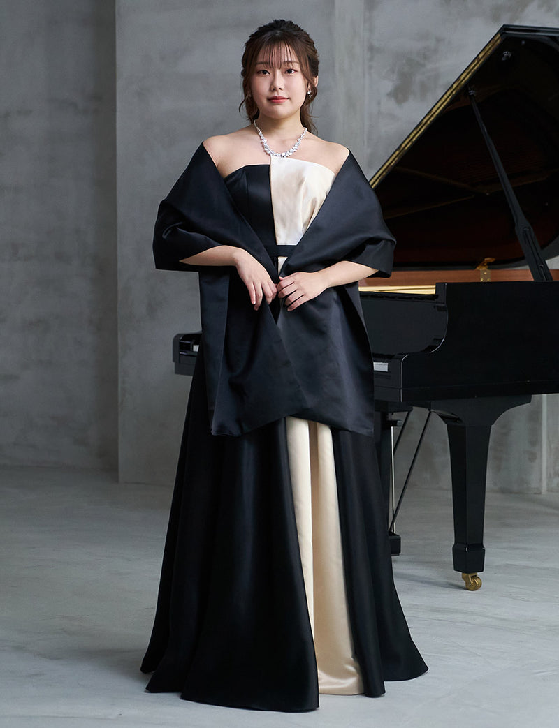 ベアトップロングドレス 演奏会用 ブラックゴールド サテン｜ツイード