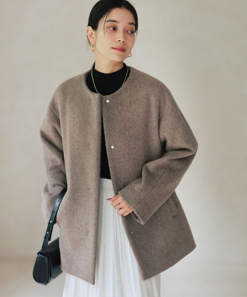 size SHORTあり］アンゴラビーバー ノーカラー ミドル コート