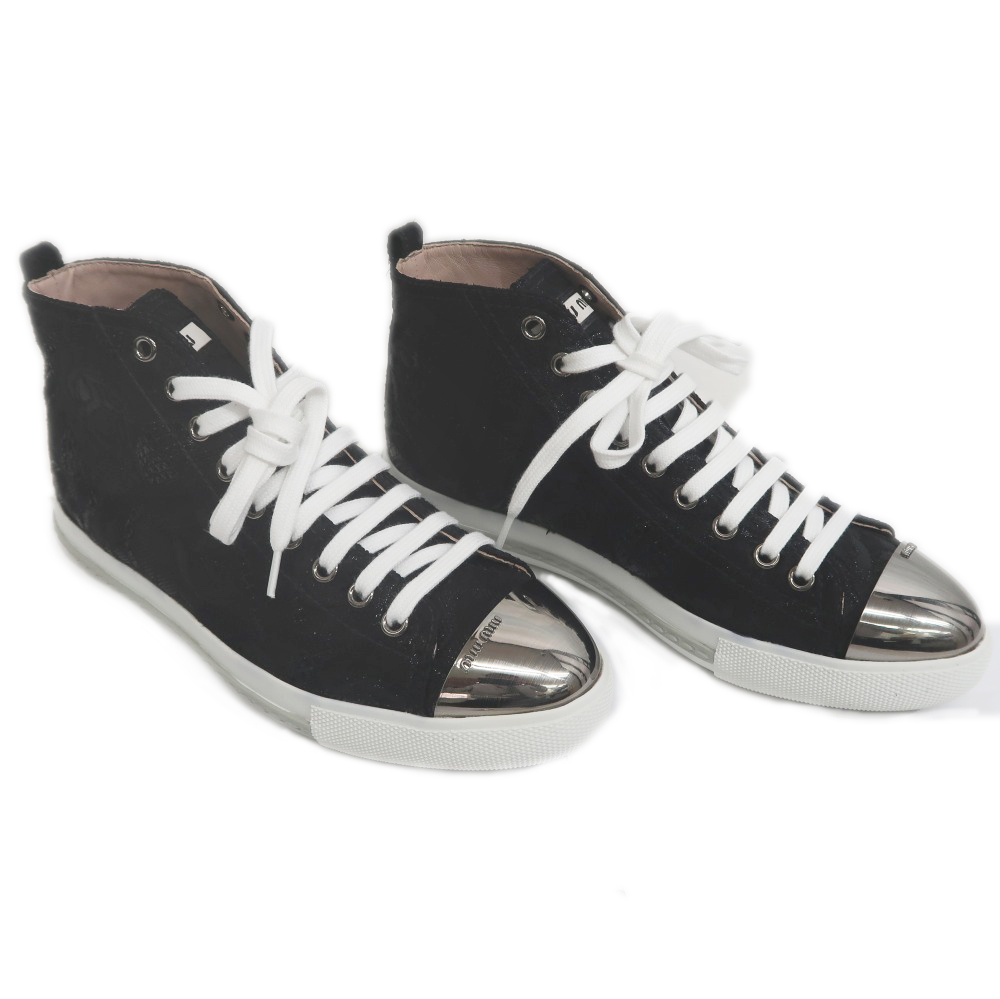 名東】【MIUMIU】ミュウミュウ ハイカットスニーカー 黒 ブラック 刺繍