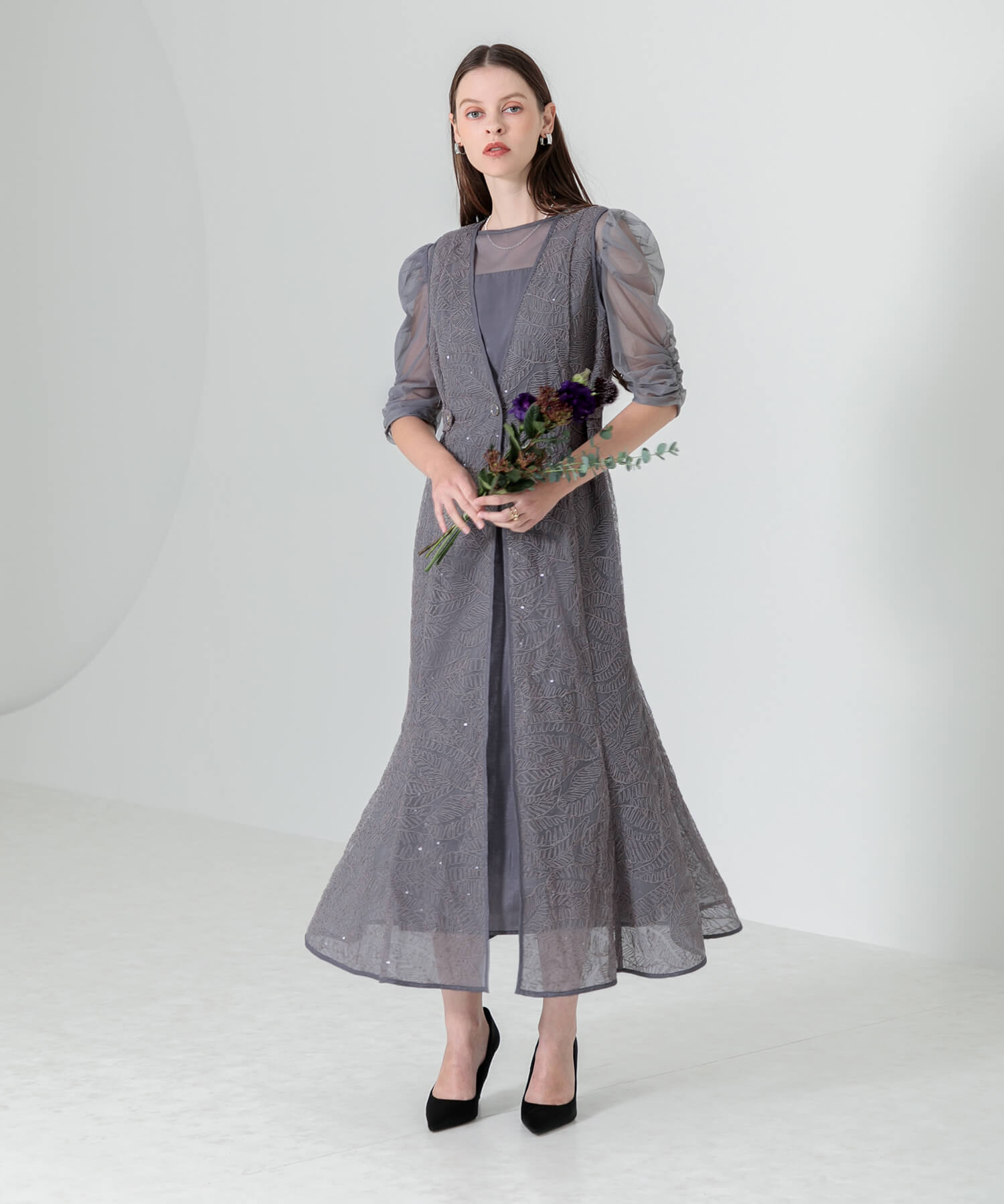 刺繍レースウエストサイド釦マーメイドシルエットジャンスカロング丈