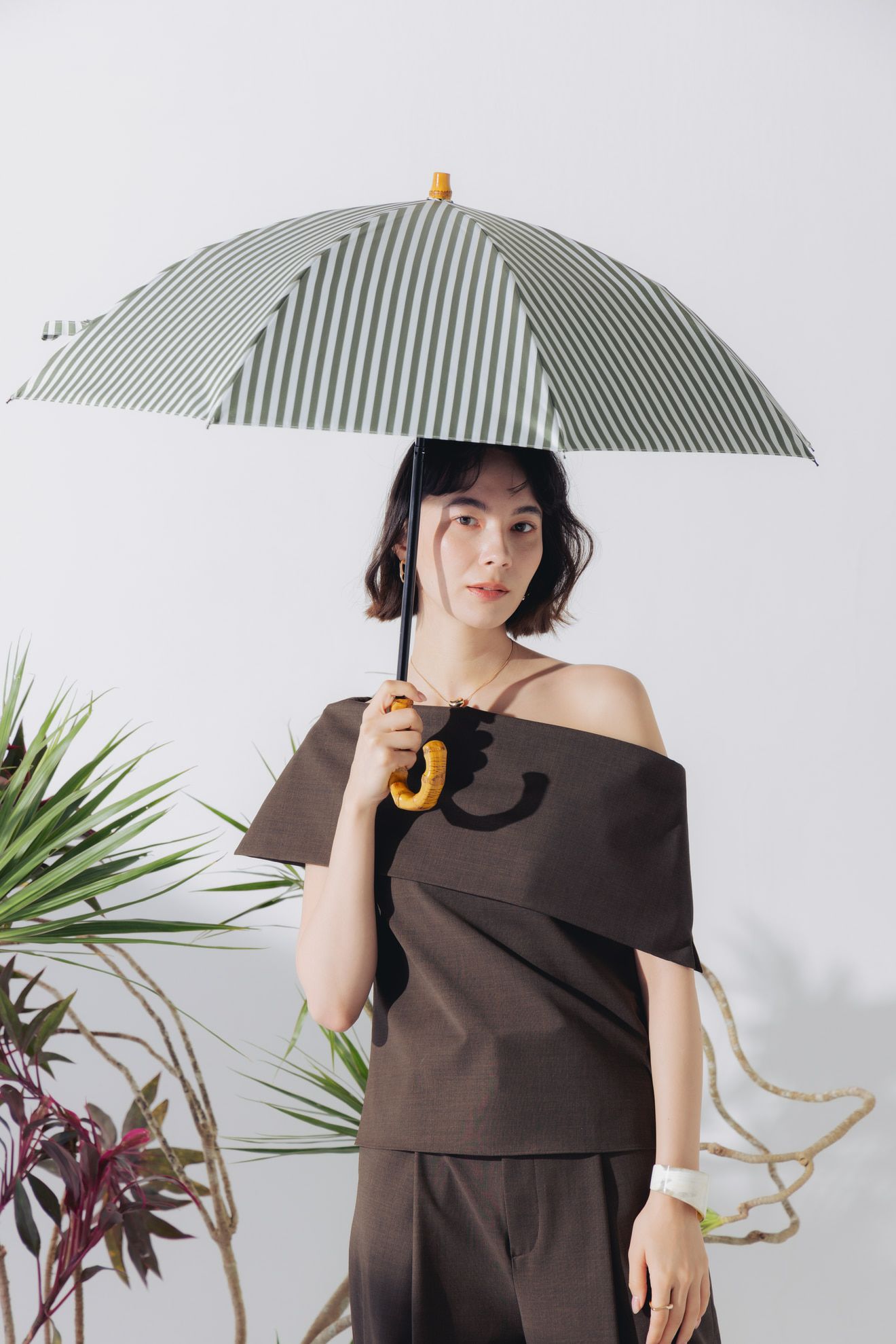 完全遮光100% 2段2WAY 折りたたみ日傘/ストライプ(50cm)