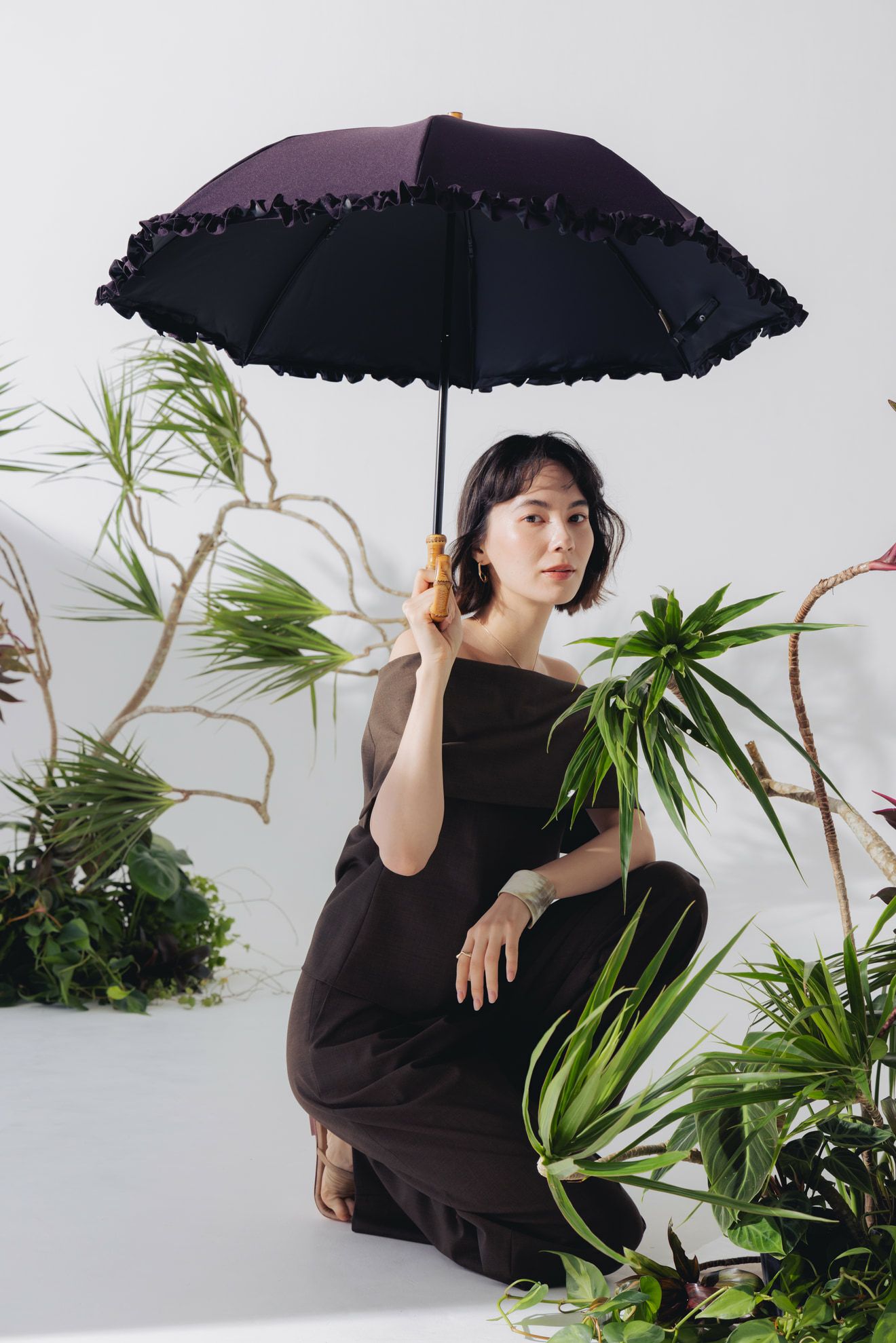 完全遮光100% 2段2WAY 折りたたみ日傘/フリル(50cm)