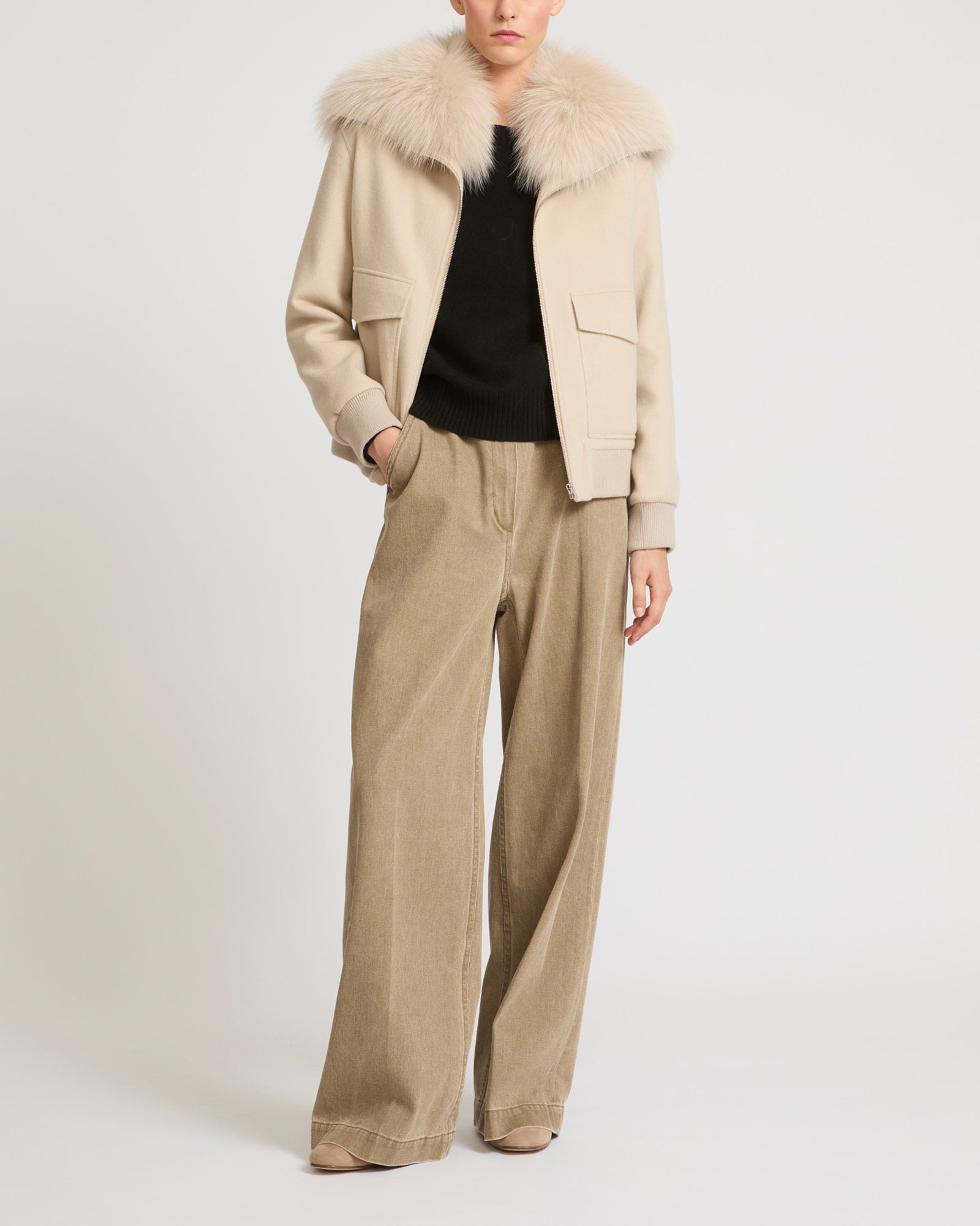 Cropped jacket in cashmere wool with fox fur collar - beige - Yves