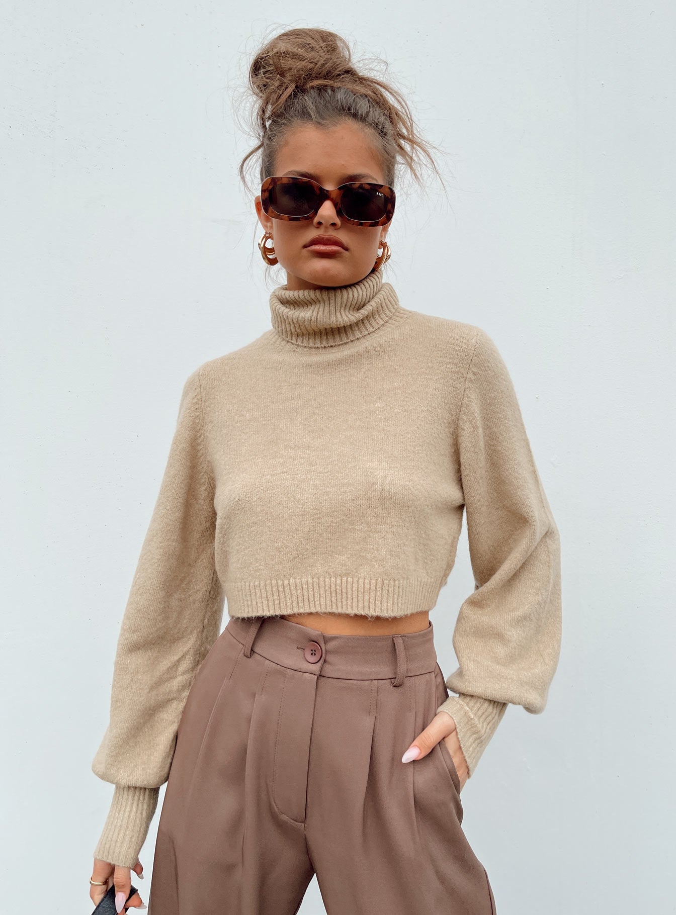 Zahara Cropped Turtleneck Sweater Beige | Princess Polly