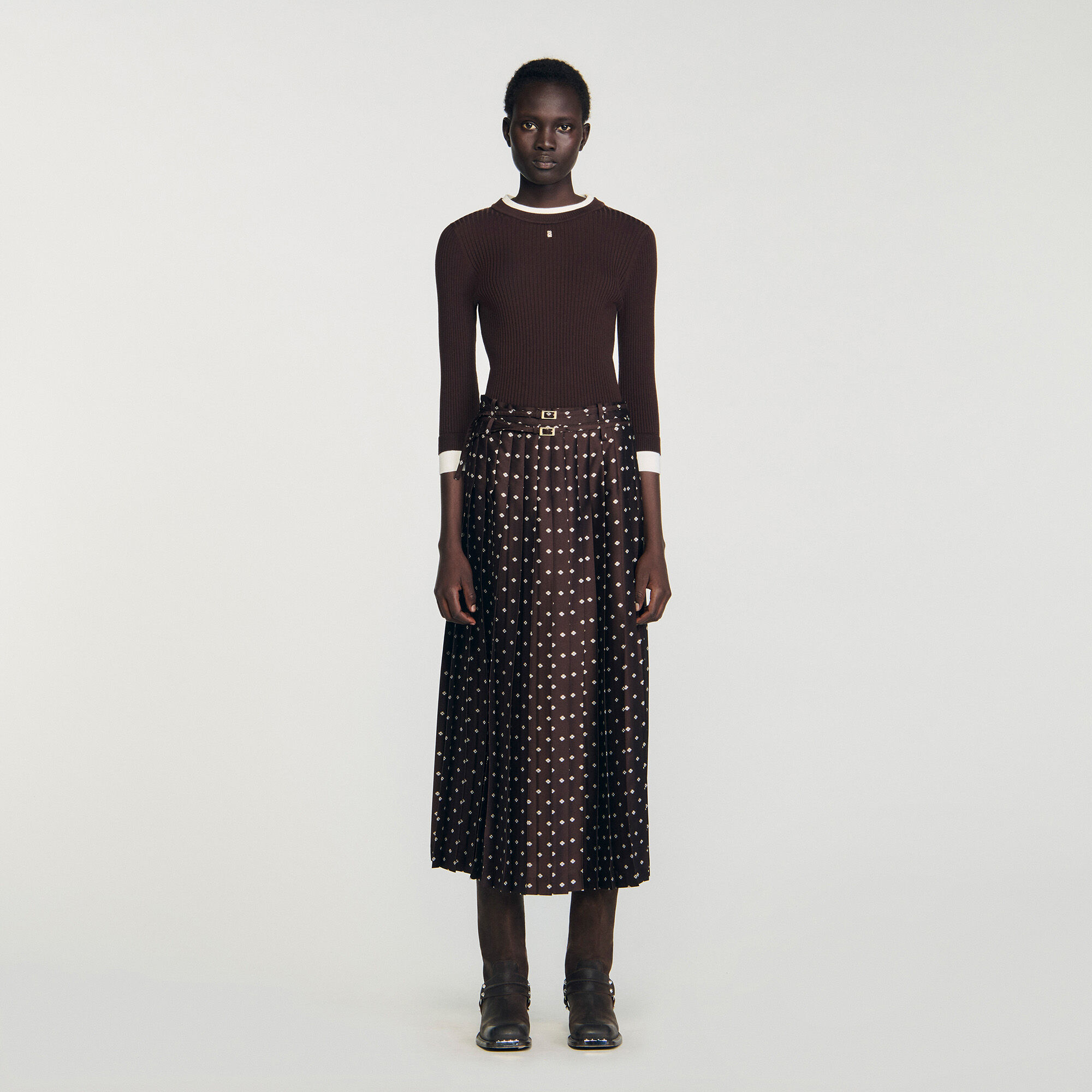 Scarf print midi skirt in Brown / White for Women | Sandro Paris
