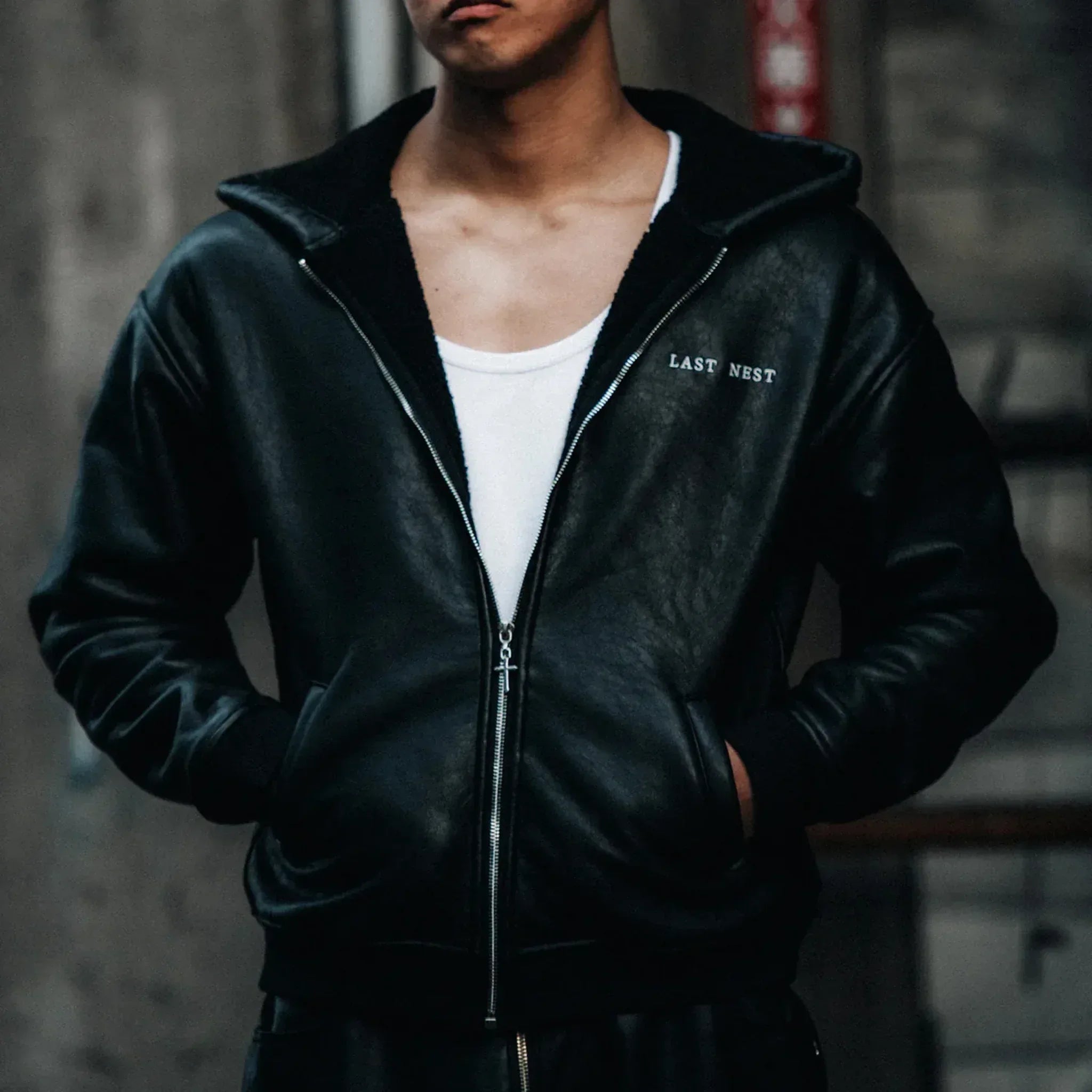 LAST NEST Product Page - Faux Leather Boa Hoodie - Black - VENTURER