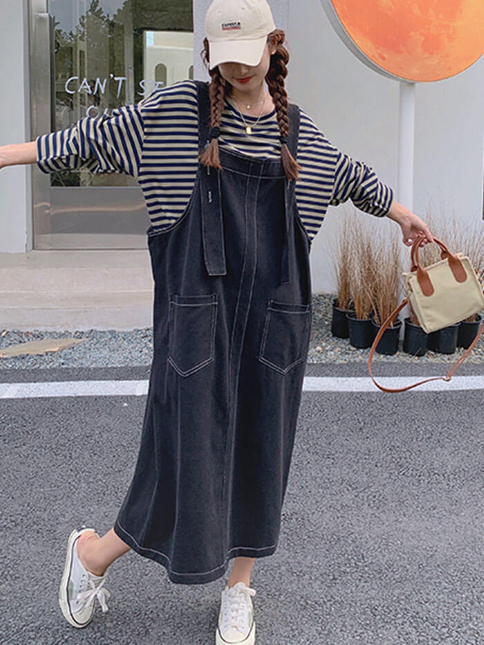 VERILADY | ボーダーTシャツ&デニムサロペットセットアップ