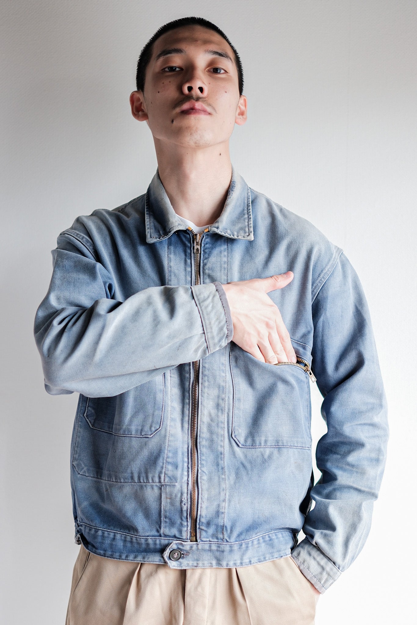 50's】French Vintage Blue Cotton Twill Cyclist Jacket 