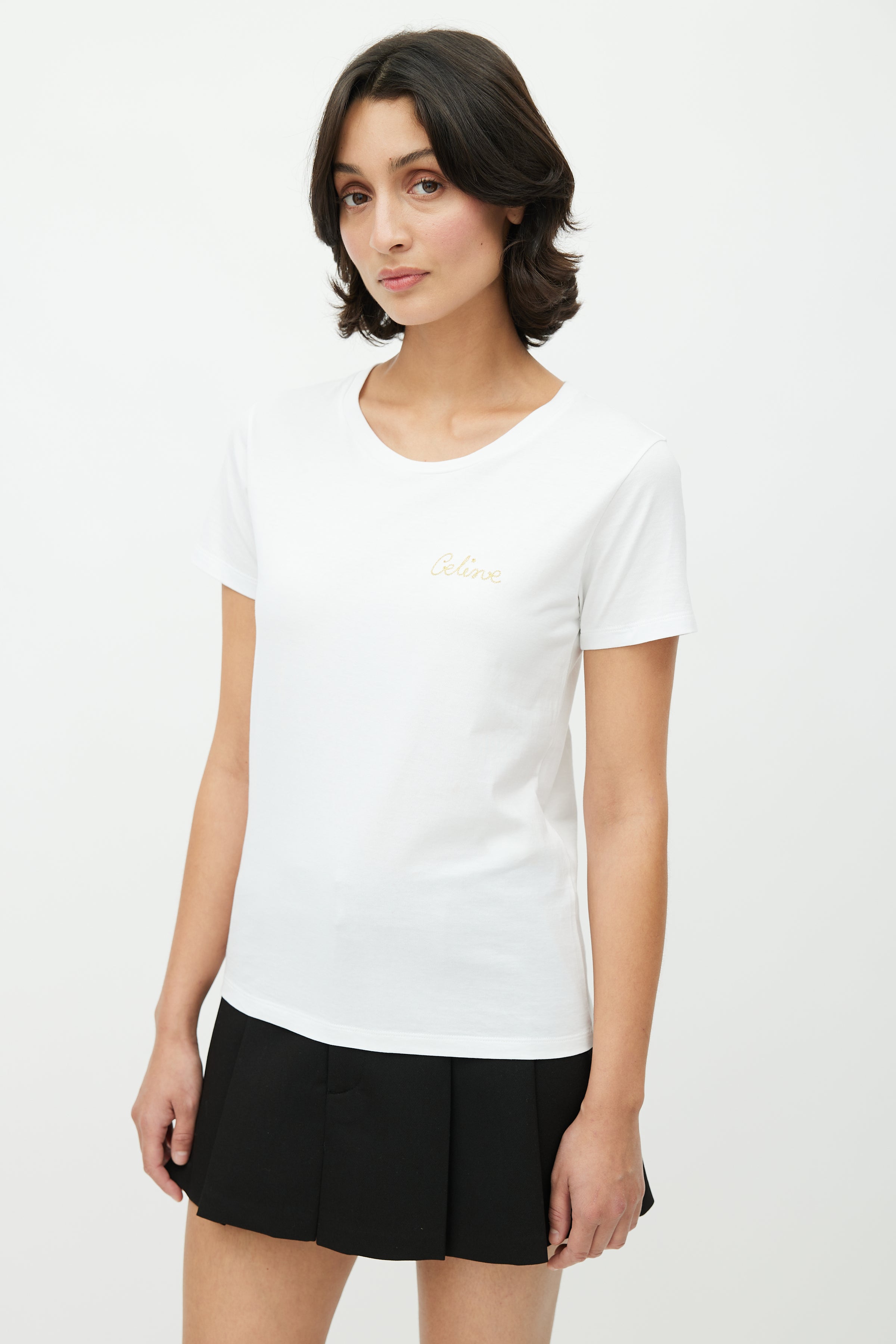 Celine // White & Gold Embroidered Logo T-Shirt – VSP Consignment