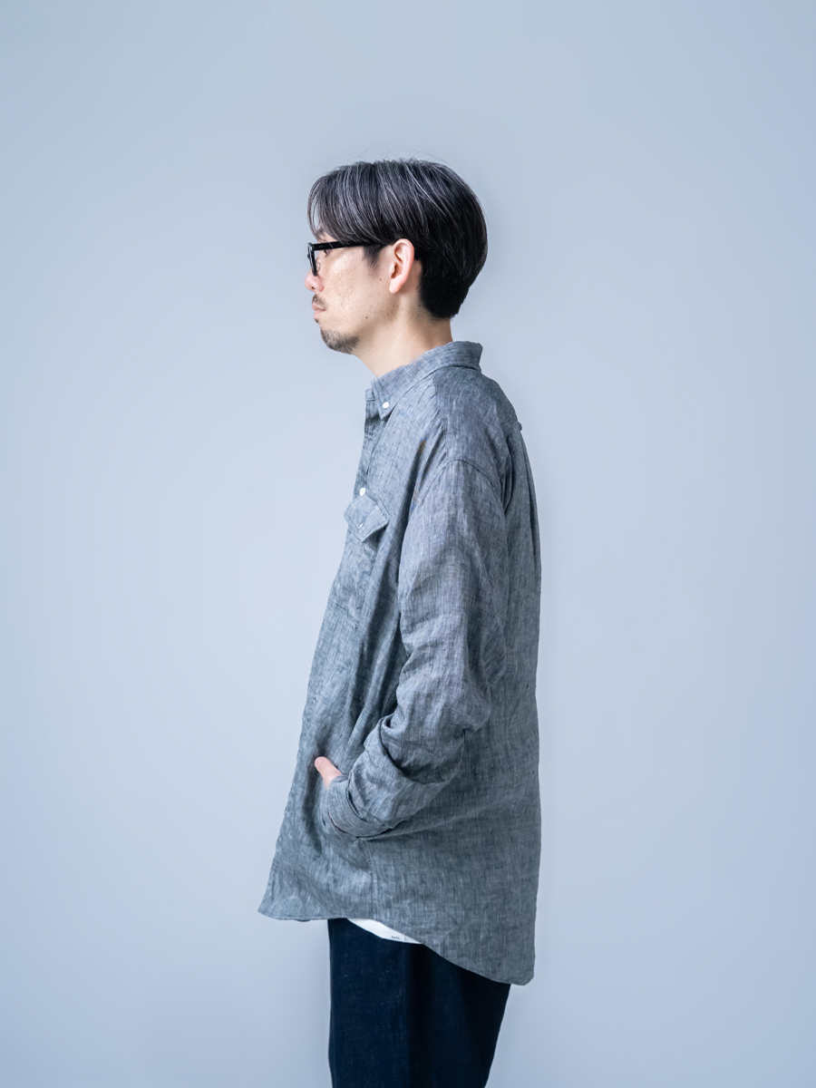 リネンシャツ】ついつい手を入れたくなる ポケット付き シャンブレー