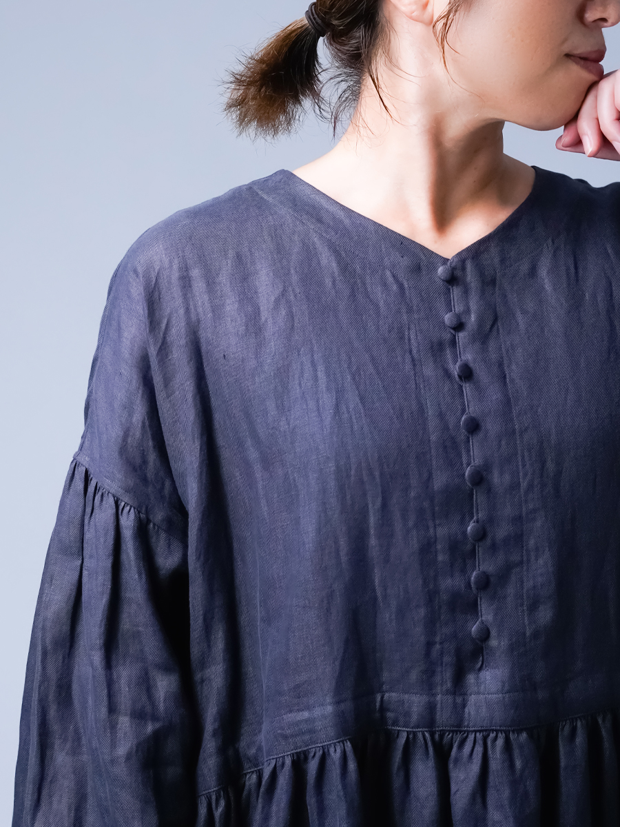 リネンドレス】ぷっくりかわいいくるみボタン ぽわん袖リネン