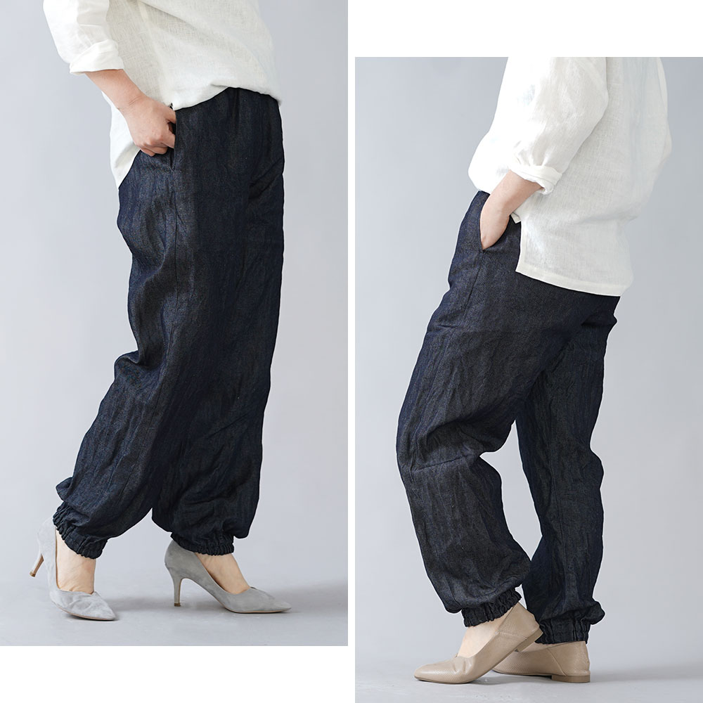リネンパンツ】リネン100% デニム もんぺ /ダークインディゴ b005f-din3
