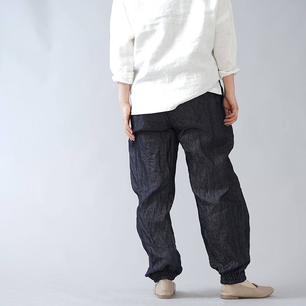 リネンパンツ】リネン100% デニム もんぺ /ダークインディゴ b005f-din3