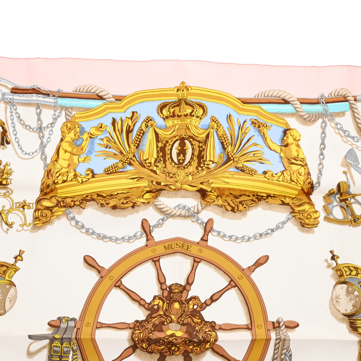 エルメス カレ90 MUSEE ホワイト/ピンク シルク100％ レディース