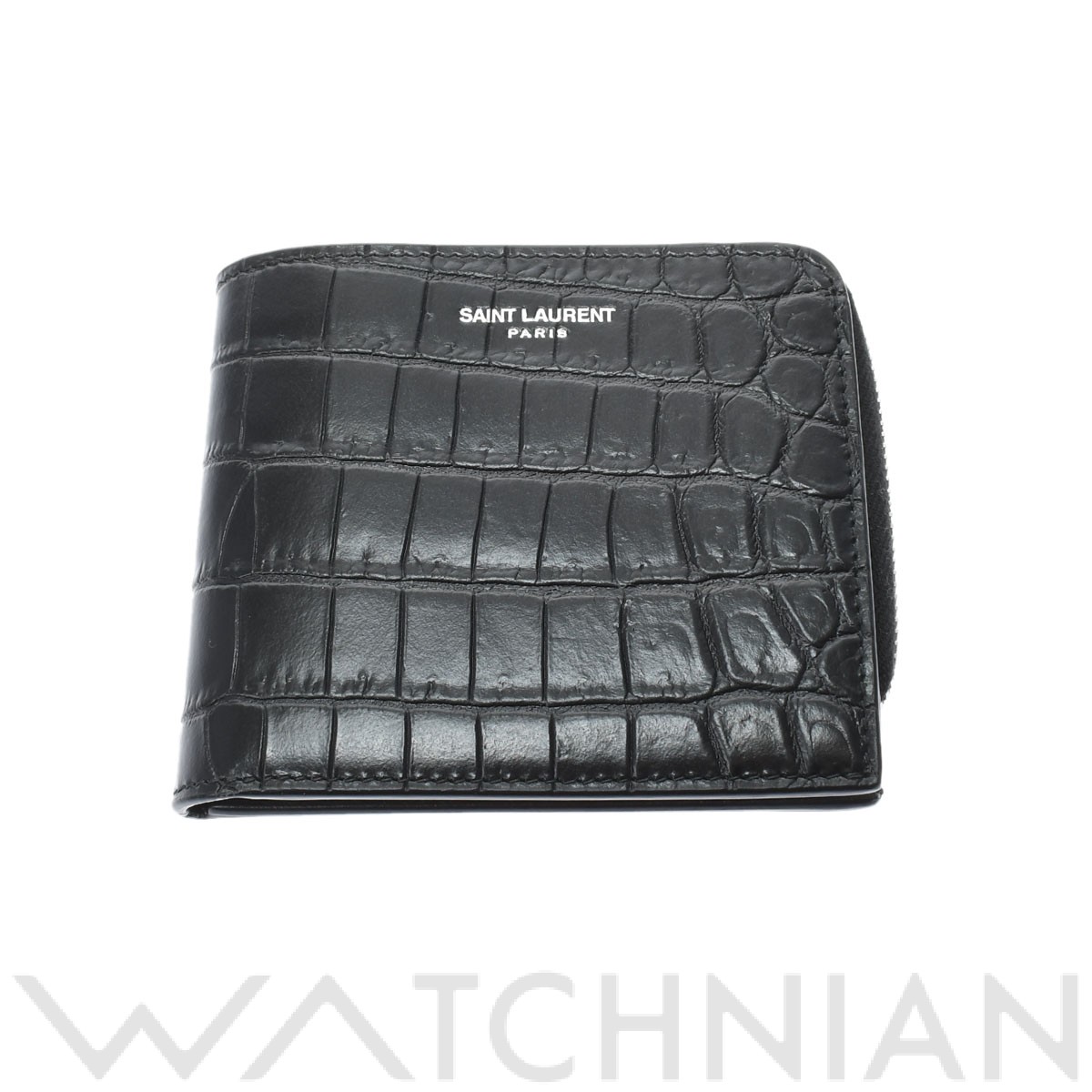 Yves Saint Laurent ブラック二つ折り財布 クロコダイル柄型押し 楽天