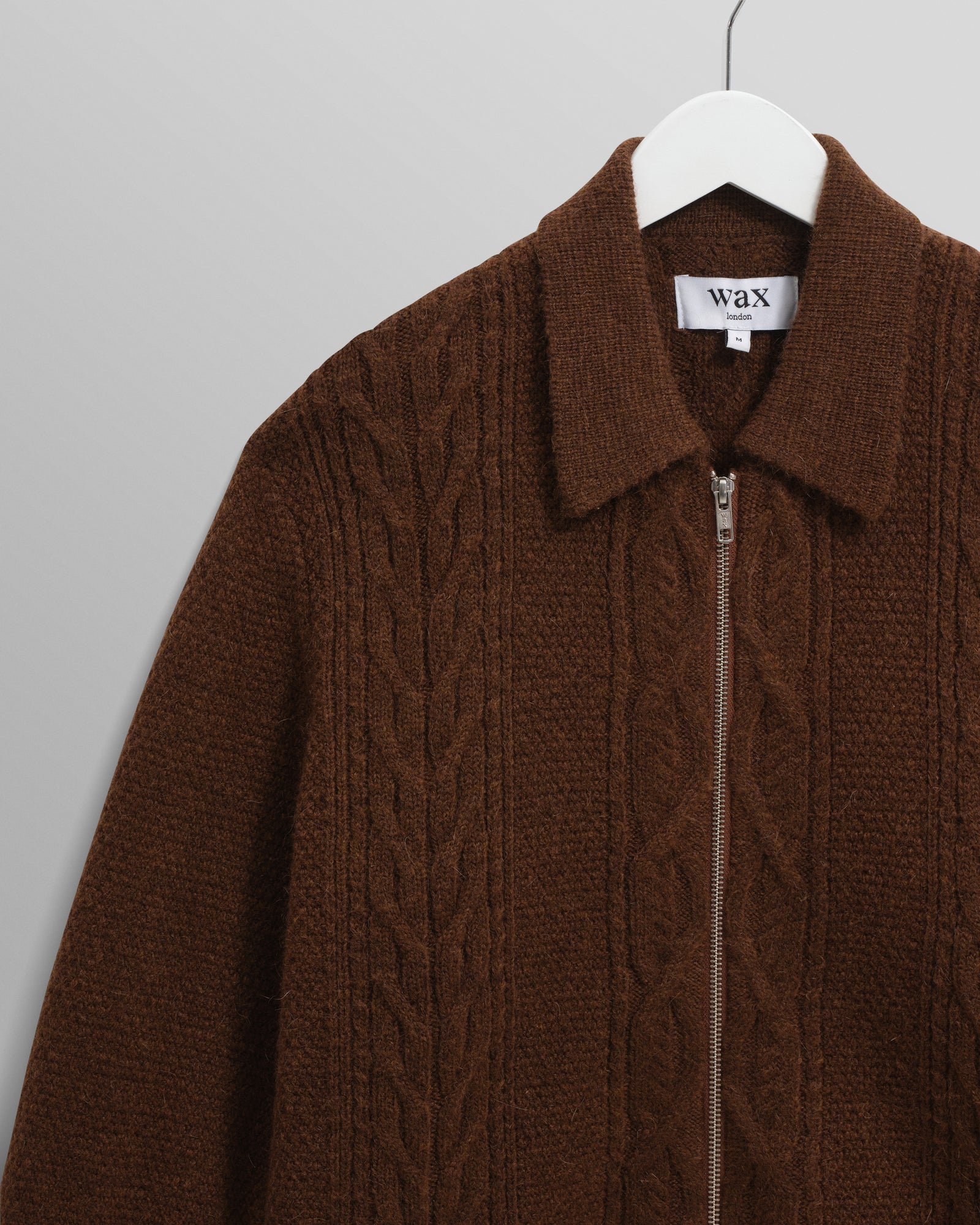 Men's Brown Brush Cable Knit Zip Cardigan | Wax London