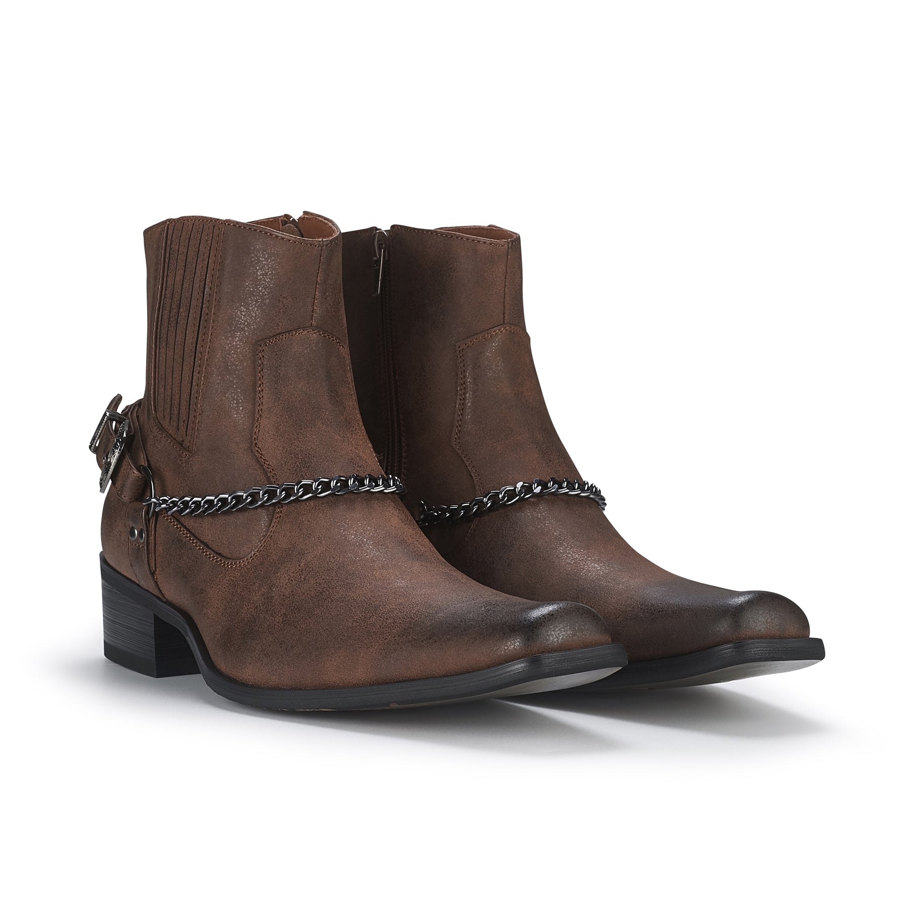 Synthetic Leather Cowboy Chain Boots | REYES in Maple Brown