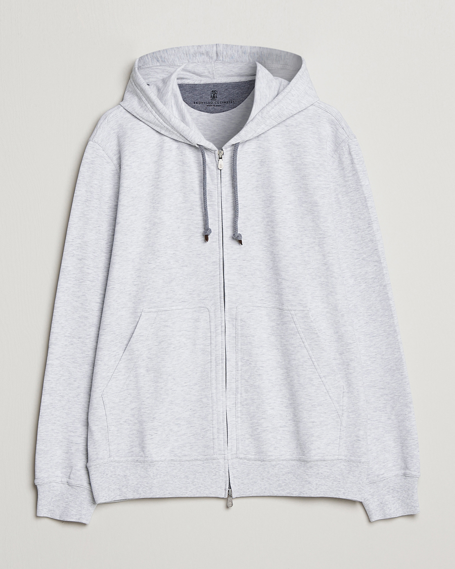 Brunello Cucinelli Soft Cotton Zip Hoodie Pearl Grey at CareOfCarl.com