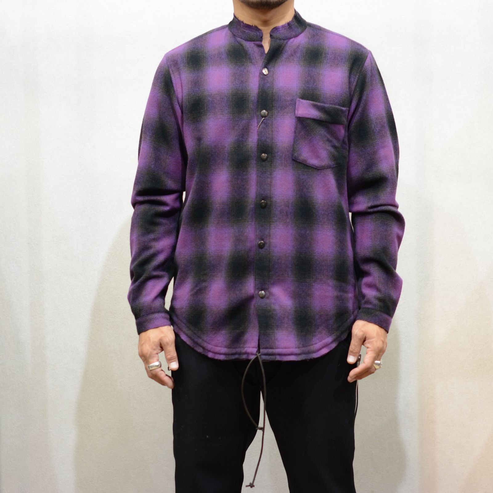 ISAMU KATAYAMA BACKLASH - ウールナイロン ノーカラーチェックシャツ