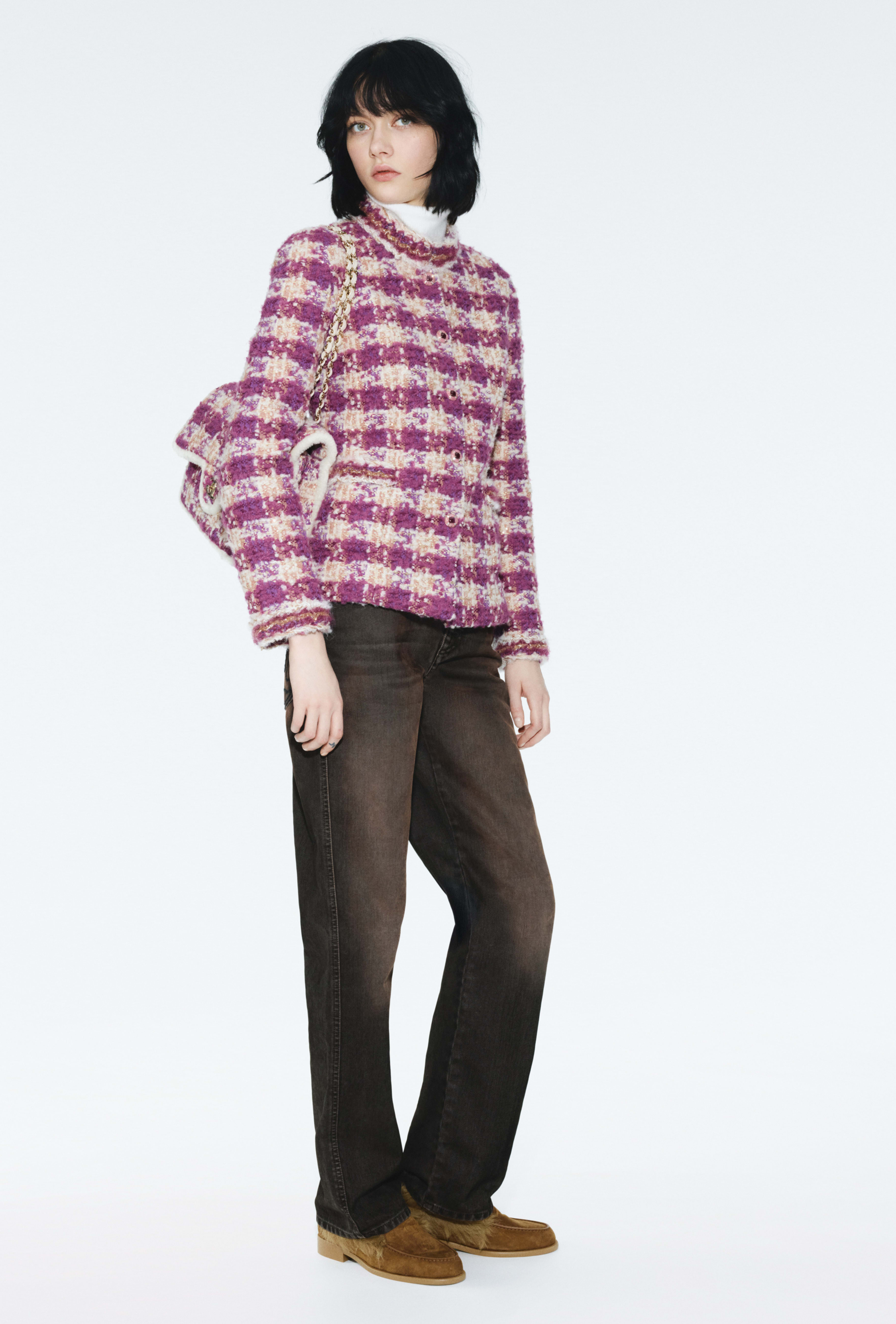 ジャケット - ウール & アルパカ ツイード、ピンク、パープル