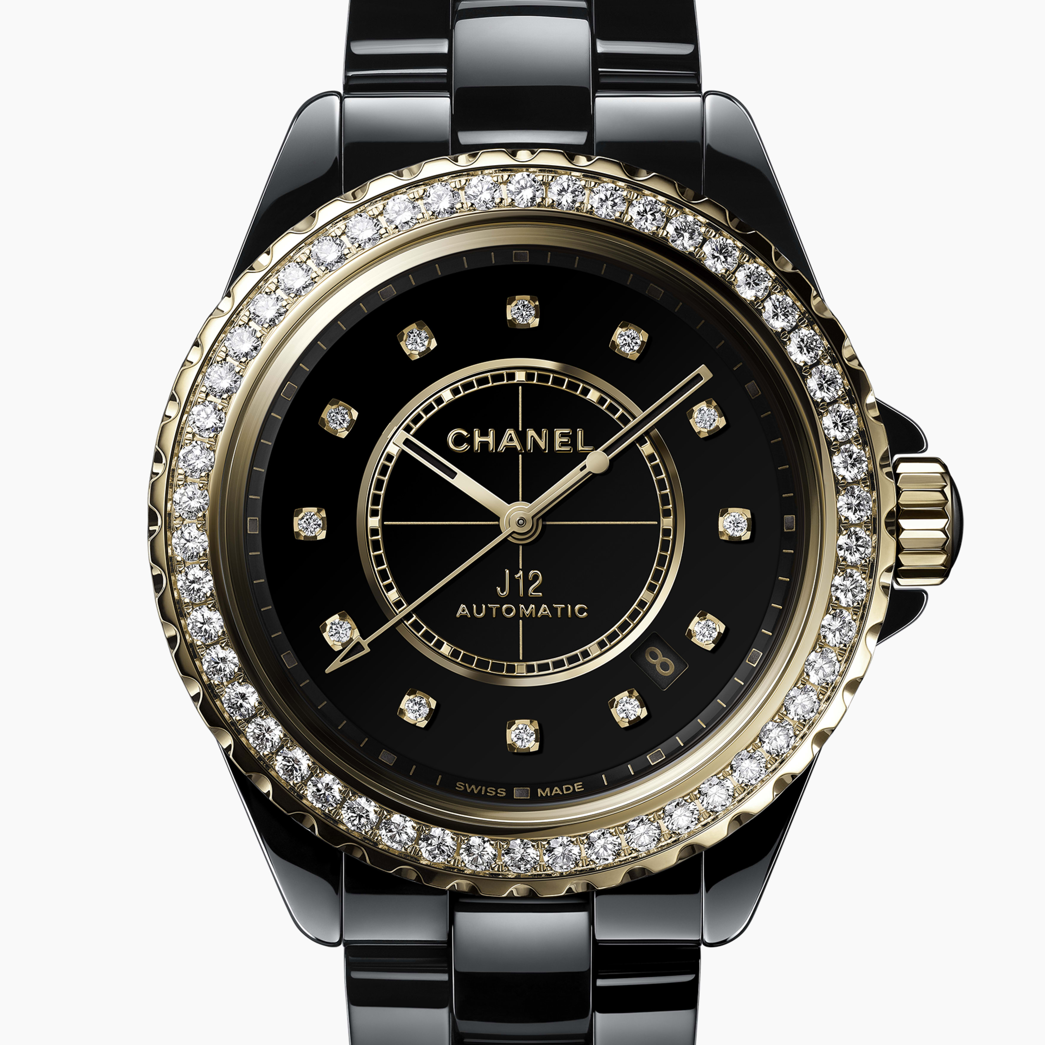J12 Diamond Bezel Watch Caliber 12.1, 38 MM - Black ceramic | CHANEL