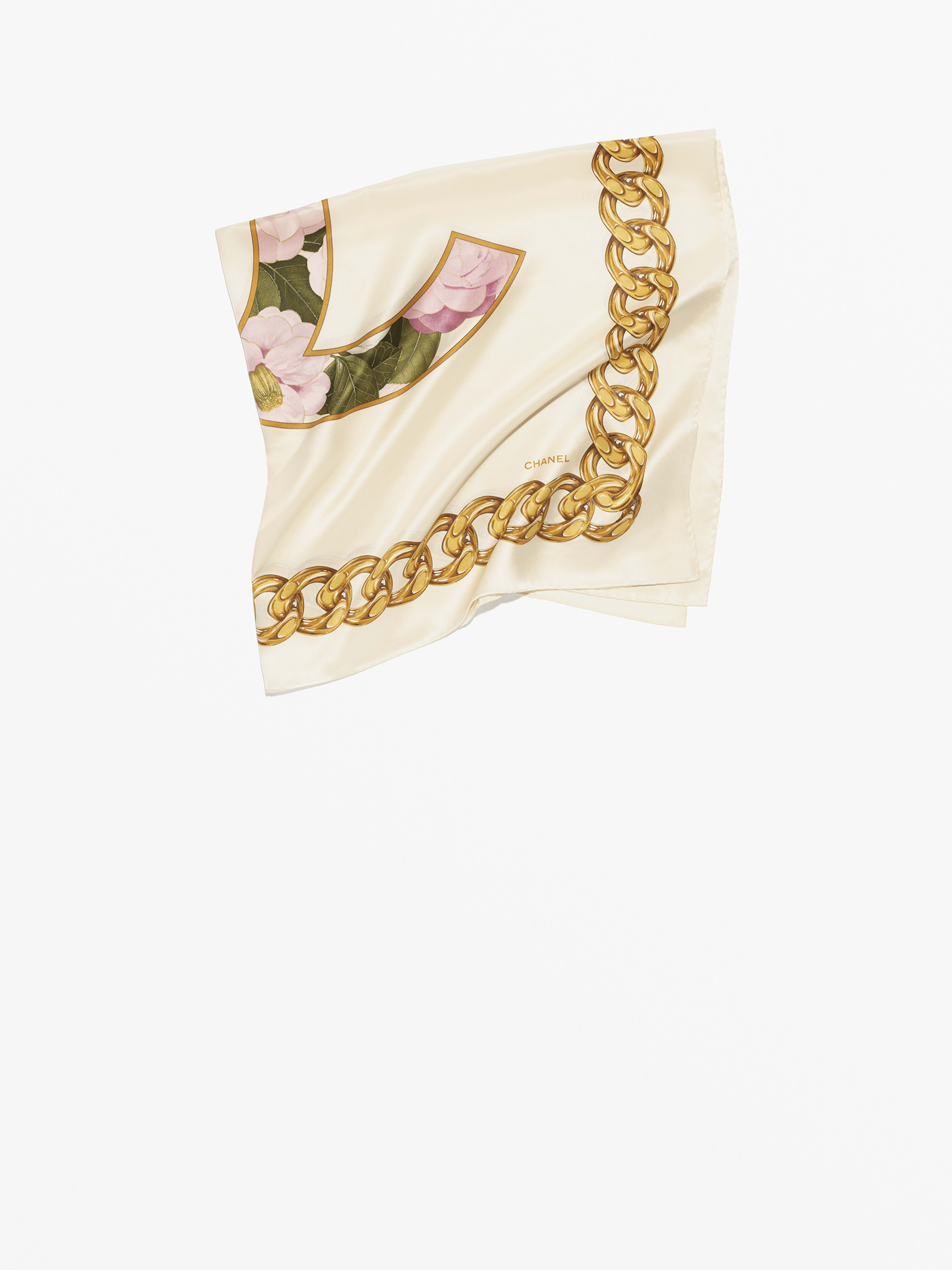 スカーフ - シルク サテン、ライトベージュ、ゴールド & マルチカラー