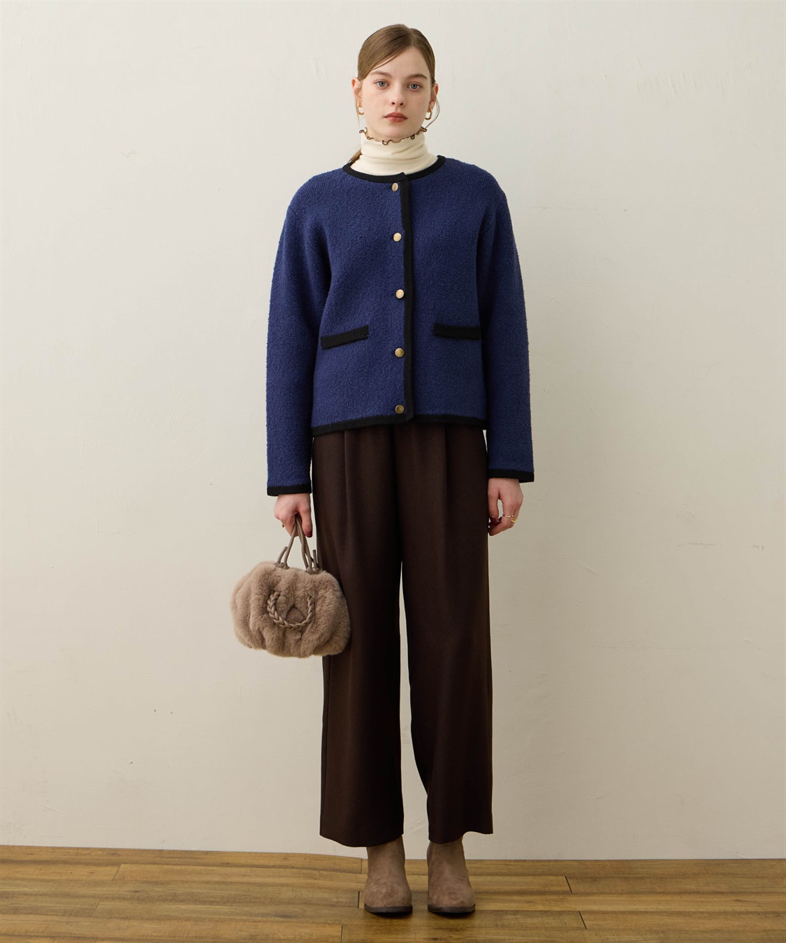 ノーカラーニットジャケット【ハンドウォッシャブル】 LE SOUK HOLIDAY