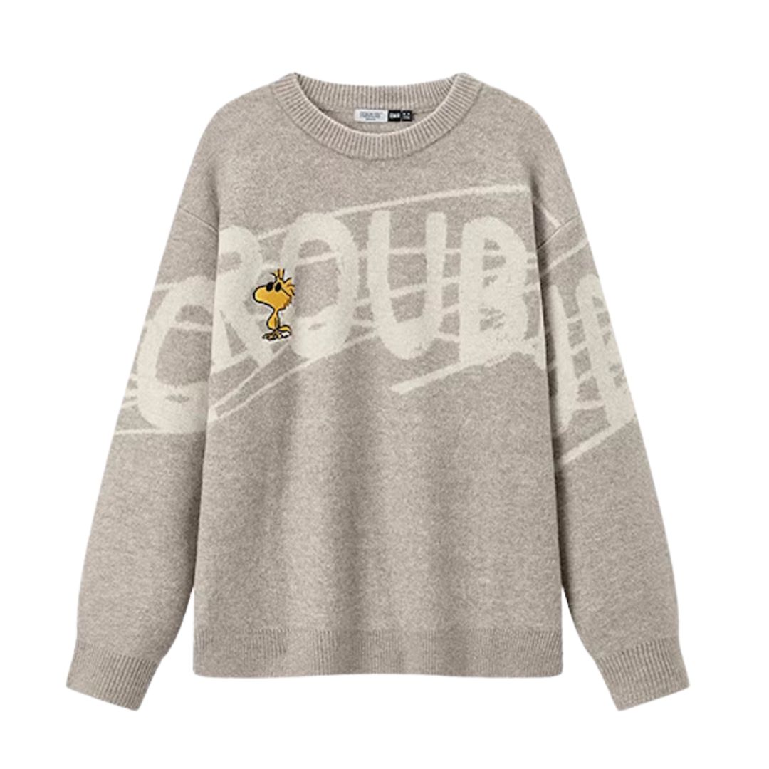 Unisex Snoopy & Woodstock embroidered round neck sweater knit