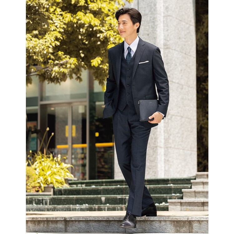 ストレッチ 洗える ウールブレンド スリーピーススーツ 紺 無地調 LES