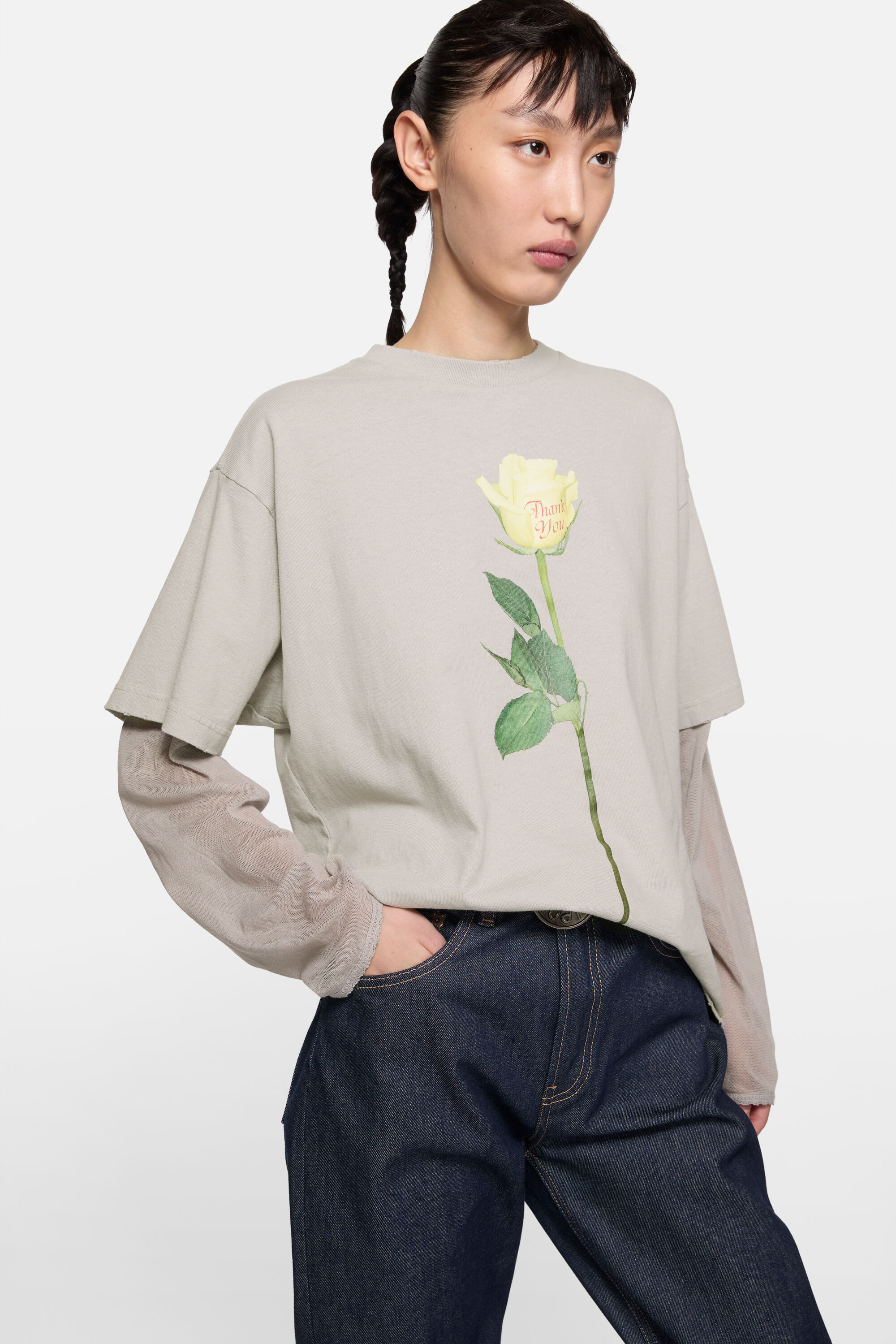 Acne Studios - レイヤードグラフィックTシャツ - ライトグレー