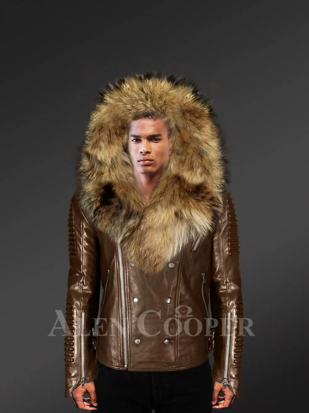 Brown Leather jacket With Fur Collar For Men