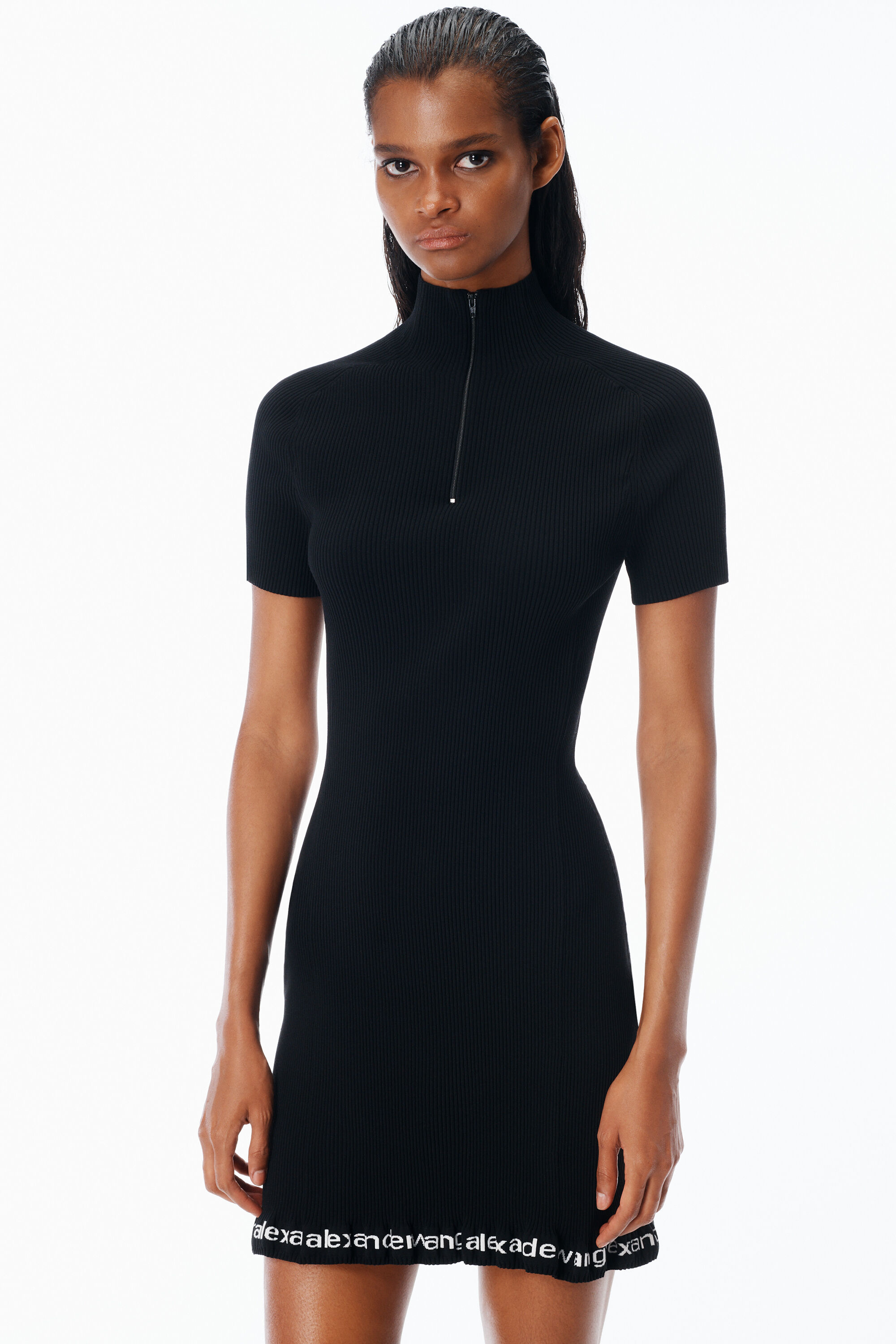 Ribbed Short-Sleeve Dress in BLACK | alexanderwang®