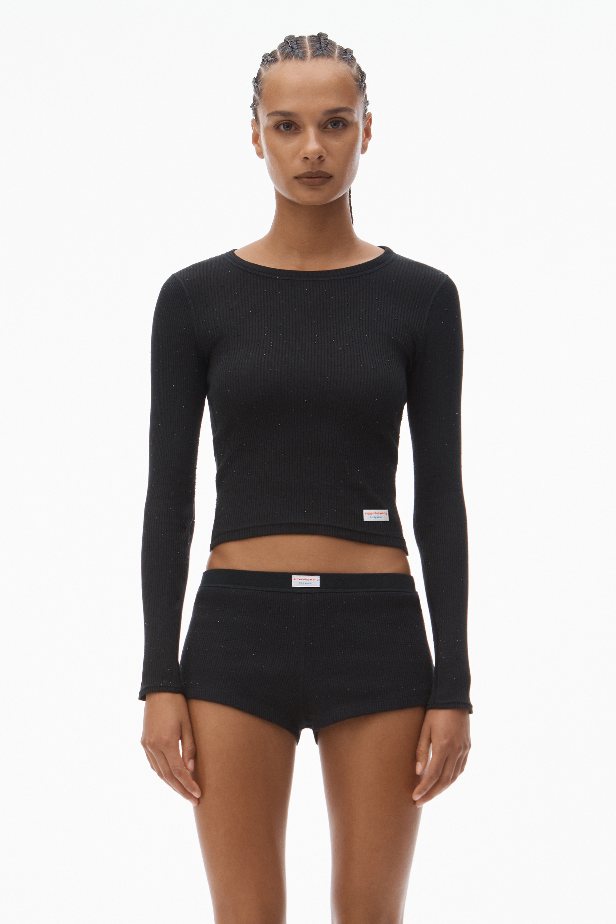 Crystal Hotfix Long Sleeve Crewneck Tee in BLACK | alexanderwang®