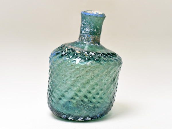 2508】古代ローマンガラス緑色銀化斜め格子柄瓶 ボトル(高さ約9.1Cm